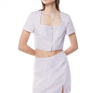Oak + Fort Cropped Short Sleeve Button-Up, Floral Lilac Purple, Medium